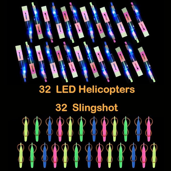 64 PCS Glow Flying Toys Sets(32 Slingshot+32 LED copters) Birthday Gifts Party Favors Glow in The Dark Party Supplies Summer Outdoor Game for Kids