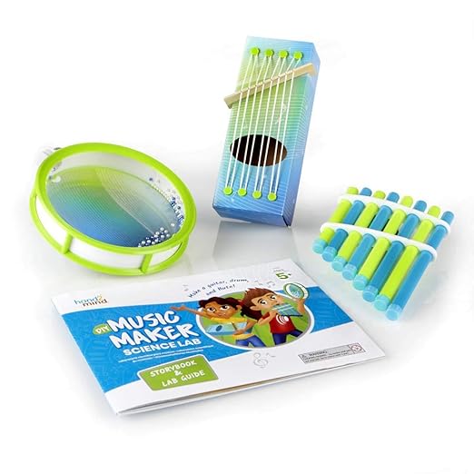 hand2mind Science Kit Music Maker, STEM Activities for Kids Ages 5-7, STEM Toys, Kids Storybook, Pan Flute, Ocean Drum, and Box Guitar, 10 at Home Science Experiments for Kids
