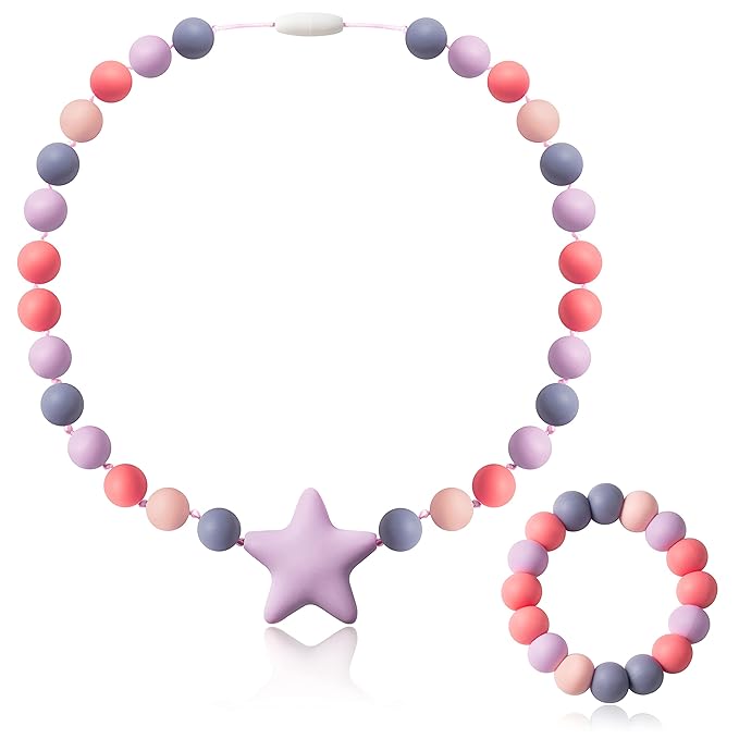Sensory Necklace Bracelet for Baby - 2Pcs Cute Silicone Teething Jewelry for Kids, Sensory Jewelry Toys Baby Shower Gifts for Kids Infants Baby Boy Girl