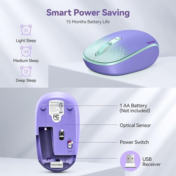 TECKNET Wireless Mouse, 2.4G Quiet Computer Mouse with USB Receiver, 4 Buttons Portable Cordless Mice for Chromebook, Laptop, PC, Mac, 800/1200/1600 DPI