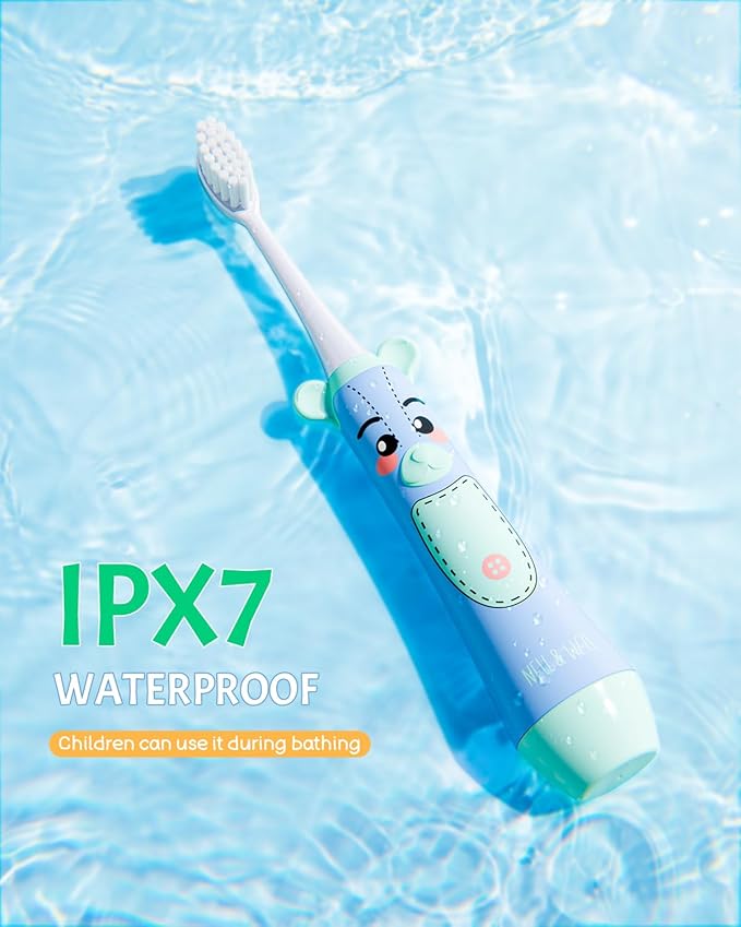 NELL&WELL Kids Electric Toothbrush, 2-Min Timer, 3 Modes with Memory, IPX 7 Waterproof, Battery Powered Kids Toothbrush with 3 Soft Bristles Heads for Children Boys and Girls Ages 3+