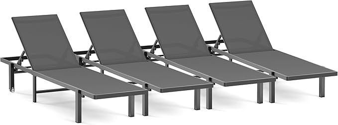 Pool Chaise Lounge Chair Set of 4, Outdoor Lounge Chairs with Wheels, 5-Position Adjustable Sun Loungers for Outside, Deck, Beach, Grey