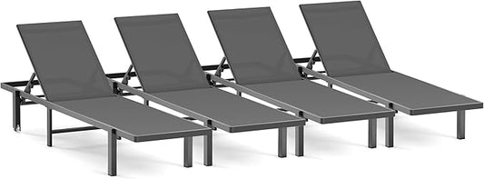 Pool Chaise Lounge Chair Set of 4, Outdoor Lounge Chairs with Wheels, 5-Position Adjustable Sun Loungers for Outside, Deck, Beach, Grey