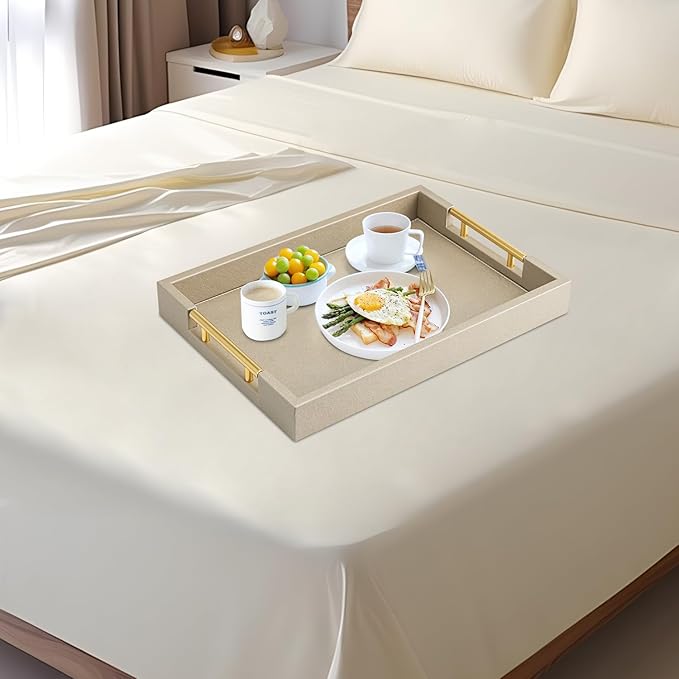 Champagne Faux Leather Serving Tray with Handles,17x12 inches, Large Decorative Tray for Ottoman Coffee Table Decor Living Room, Kitchen, Bathroom