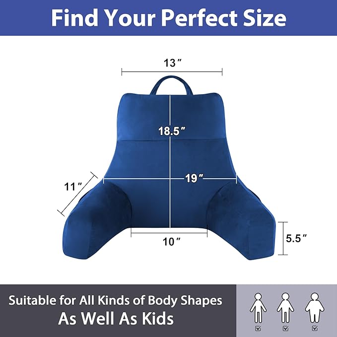 Back Pillow for Bed Sitting up, Reading Pillow for Sitting in Bed Adult, Back Support Pillow, Memory Foam Sit up Lounge Backrest Pillow with Arms for TV, Couch, Chair, Dorm, 18 Inch, Navy Blue