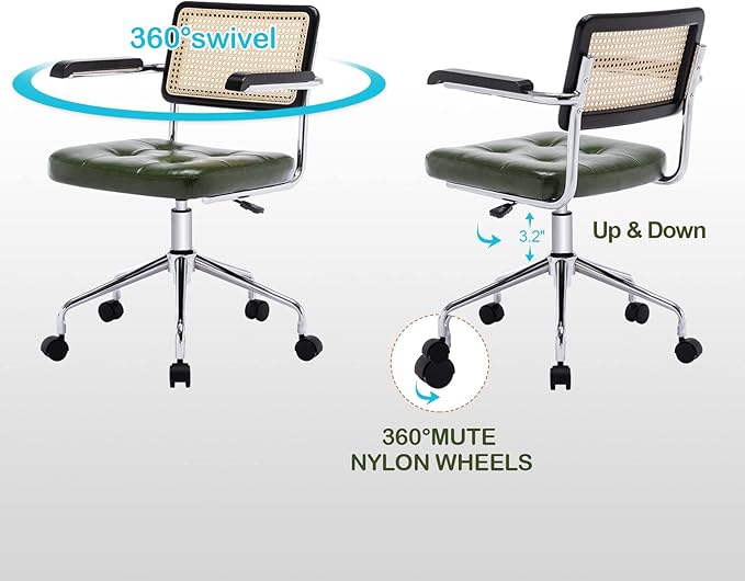 Zesthouse Modern Home Office Chair Leather Desk Chair with Rattan Back, Vanity Chair for Girls Women, Upholstered Tufted Swivel Armchair for Bedroom, Height Adjustable Computer Task Chair