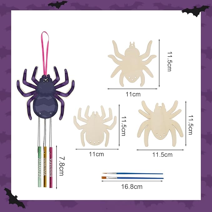 Fennoral 9 Pack Spider Wind Chime Kit for Kids Make You Own Spider Wind Chimes Wooden Arts and Crafts for Girls Boys DIY Coloring Halloween Hanging Ornaments Craft Activity Halloween Party Decorations