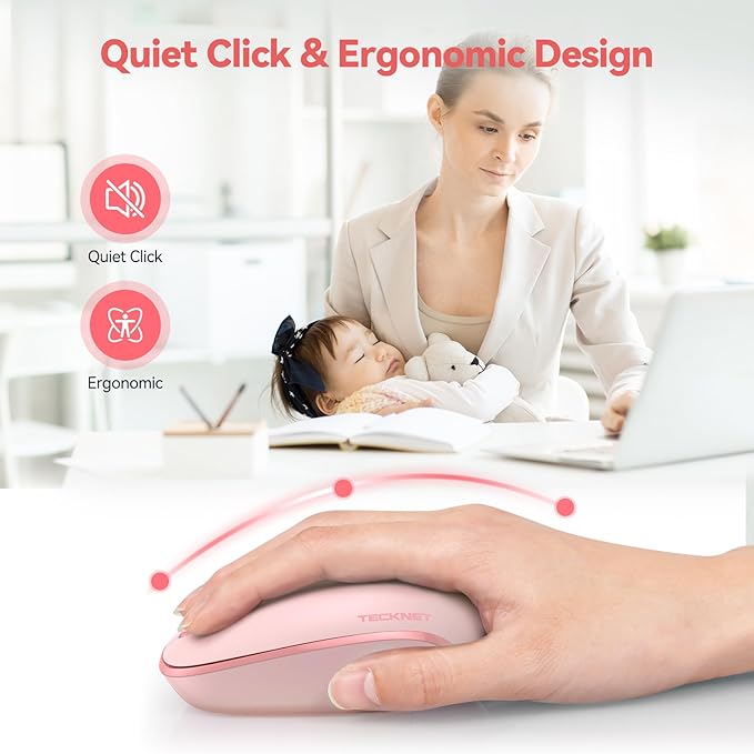 TECKNET Wireless Mouse, 2.4G Quiet Computer Mouse with USB Receiver, 4 Buttons Portable Cordless Mice for Chromebook, Laptop, PC, Mac, 800/1200/1600 DPI - Pink