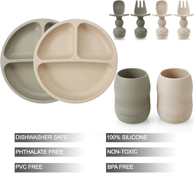 PandaEar Silicone Baby Feeding Set| 2 Pack Silicone Divided Suction Plate and 2 Pack Tiny Cup with 2 Spoons 2 Forks| Baby Led Weaning Supplies Self Feeding Eating Utensils (Light Tan/Walnut)