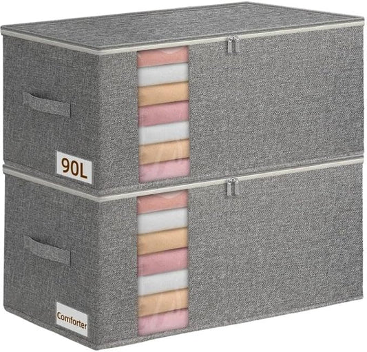 90L King Size Comforter Storage Bag w/Rigid Panels, Large Blanket Organizer for Closet, Stackable & Foldable Container w/Clear Window & Smooth Zippers for Bedding Sets/Clothes, 2 Pack, Gray