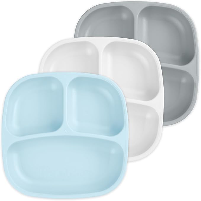 Re-Play Made in USA 7" Deep Walled Divided Plates for Kids, Set of 3 - Reusable 3 Compartment Plates, Dishwasher and Microwave Safe - 7.37" x 7.37" x 1.25", Glacier