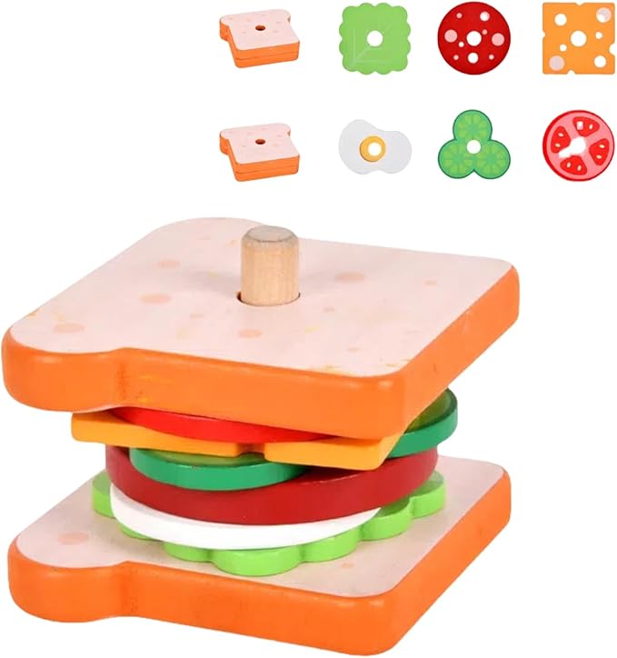 Montessori Toys for 3+ Year Old, Wooden Sandwich Stacking Food Toys for Toddlers 3 4 5, Preschool Learning Activities Fine Motor Toys, Kids Educational Gift for Boys Girls Birthday Christmas