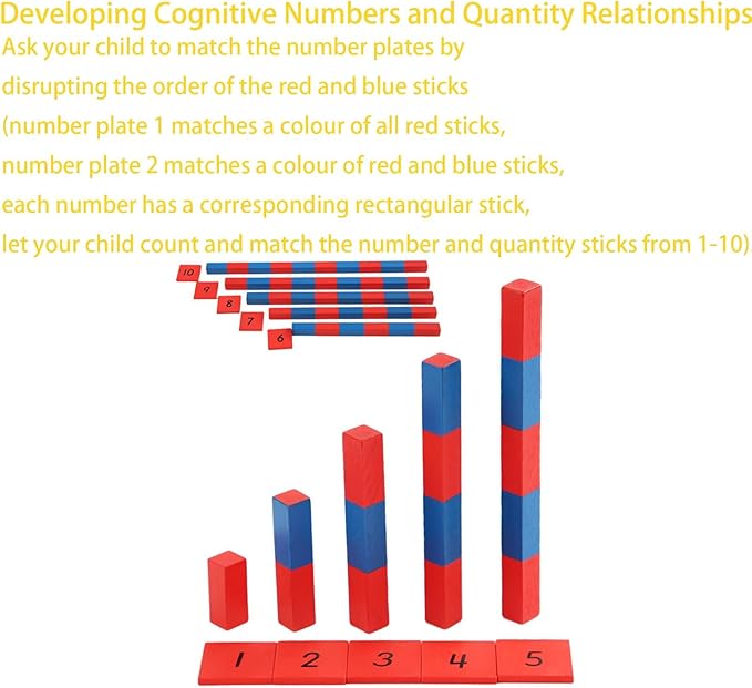Jerliflyer Montessori Numerical Rods, Small Number Cuisenaire Rods,Wood Red Long Sticks Family Version Math Number Rods,Kid Education