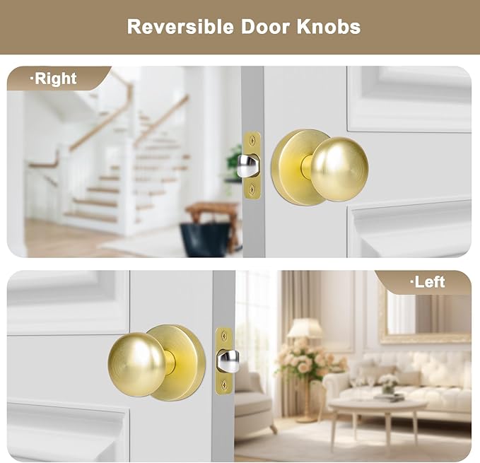 Passage Interior Door Knobs, Gold/Brass Door Knob for Hall and Kitchen, No-Locking Vintage Round Design Door Handle, Zinc Alloy 1 Pack
