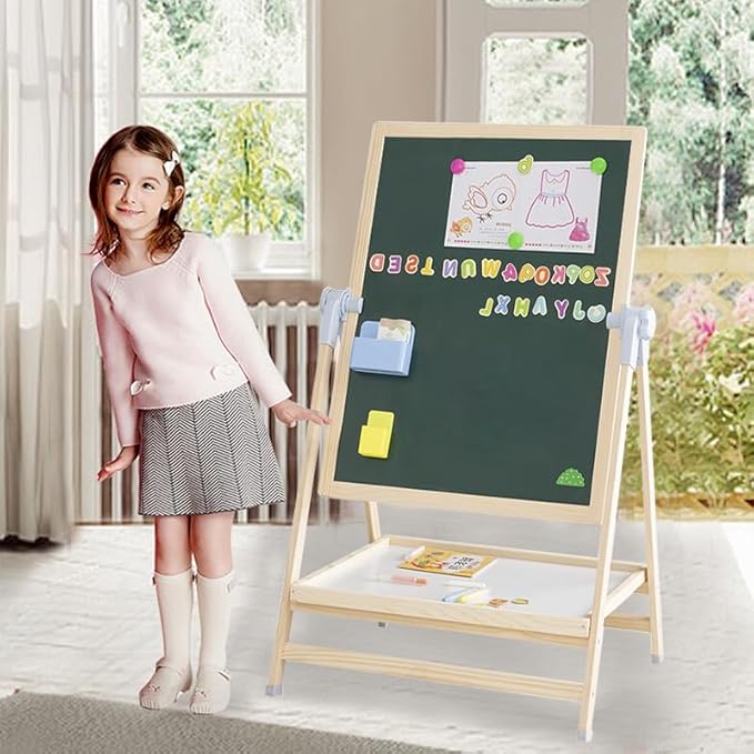 Adena Montessori Art Easel for Kids, 2 in 1 Adjustable Wooden Standing Art Easel & Toys Table Montessori Learning Furniture for 3-8 Years Old Children
