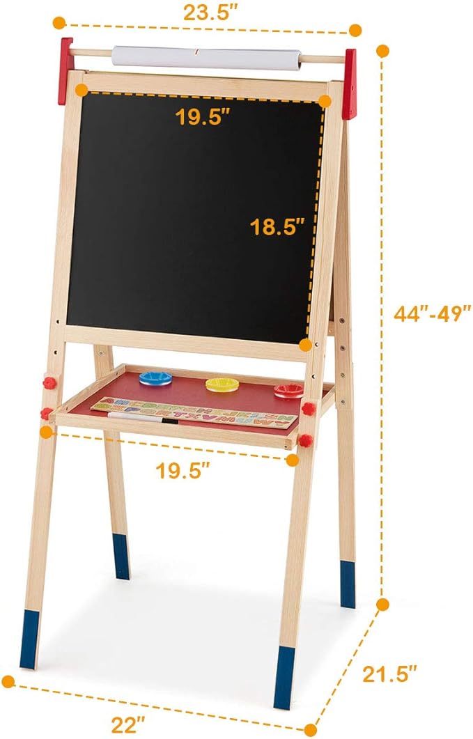 HONEY JOY Easel for Kids, Wooden Height Adjustable Standing Toddler Easel w/Magnetic Chalkboard & White Board, Paper Roll, Painting Accessories, Magnetic Alphabet, Art Easel for Boys Girls, Natural