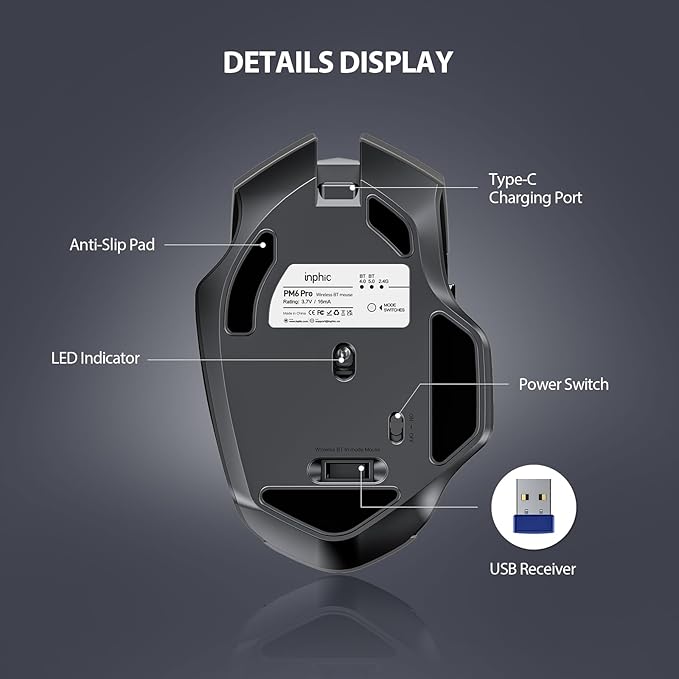 INPHIC Bluetooth Mouse Wireless, Tri-Mode, Upgraded Visible Battery, 2400 DPI, Silent Ergonomic Computer Mice, Mac, PC etc.-Gray