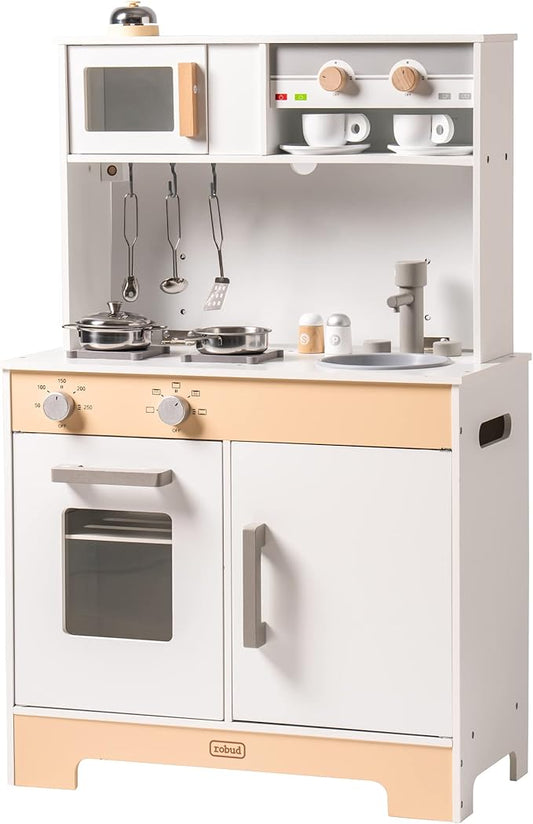 2 in 1 Play Kitchen for Kids Wooden Chef Pretend Play Kitchen Playset with Sounds Food Cookware Accessories Set for Boys Girl Birthday Gifts White