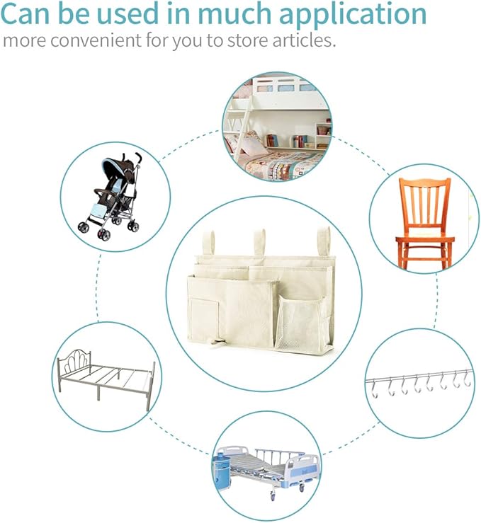 Bseash Bunk Bed Organizer, Bedside Caddy Hanging Bed Organizer Storage Bag 8 Pockets, for College Dorm Rooms Bed, Hospital Bed, Baby Bed Rails, 600D Oxford Cloth (Beige)