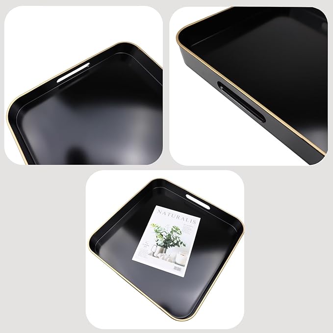 Omuriko Black Square Decorative Tray with Handles, 13"*13" Versatile Serving Tray for Coffee Table, Ottoman, Ideal for Serving, Displaying, Organizing