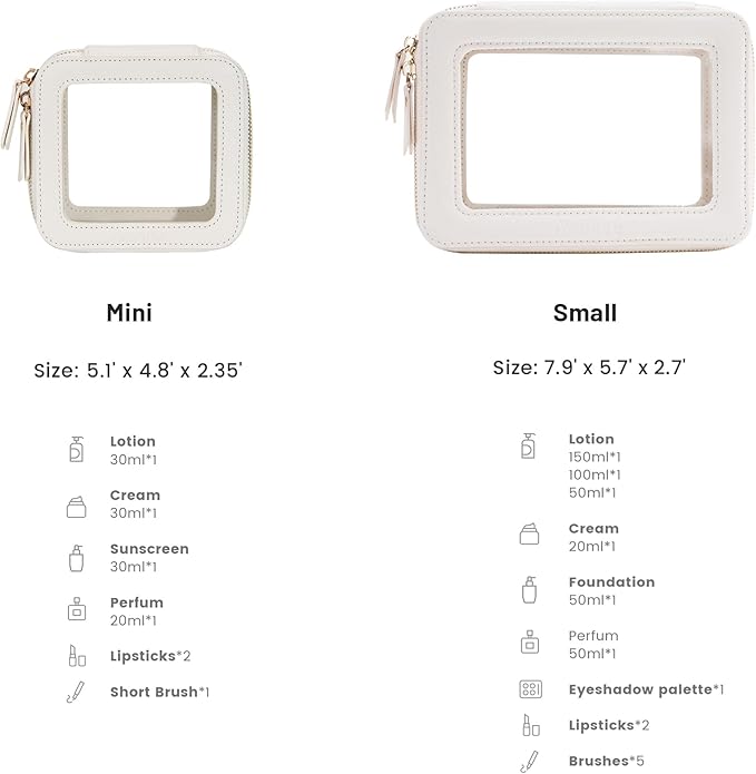 Aveniee Clear Makeup Bag Set (2-Piece Mini & Midi) - Travel Toiletry Organizer for Women, Waterproof Cosmetic Pouch & Car Accessory for Travel Size Toiletries, White
