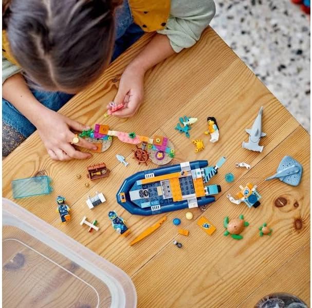 LEGO City Explorer Diving Boat 60377 Ocean Building Toy, Includes a Coral Reef Setting, Mini-Submarine, 3 Minifigures and Manta Ray, Shark, Crab, 2 Fish and 2 Turtle Figures