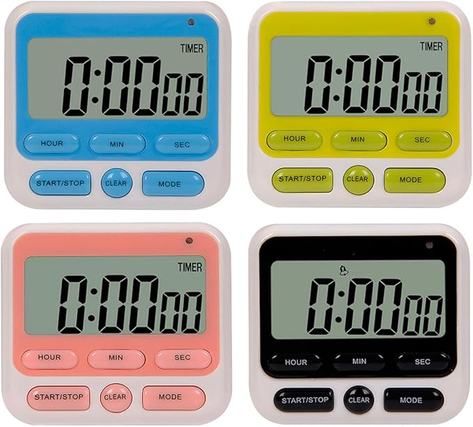 24-Hours Digital Kitchen Timer, Upgraded 12-Hour Display Clock, Big Digits, Loud Alarm, Magnetic Backing Stand, Count-Up & Count Down, Kids Timers for Cooking Baking Classroom Teachers Games(4 Pack)