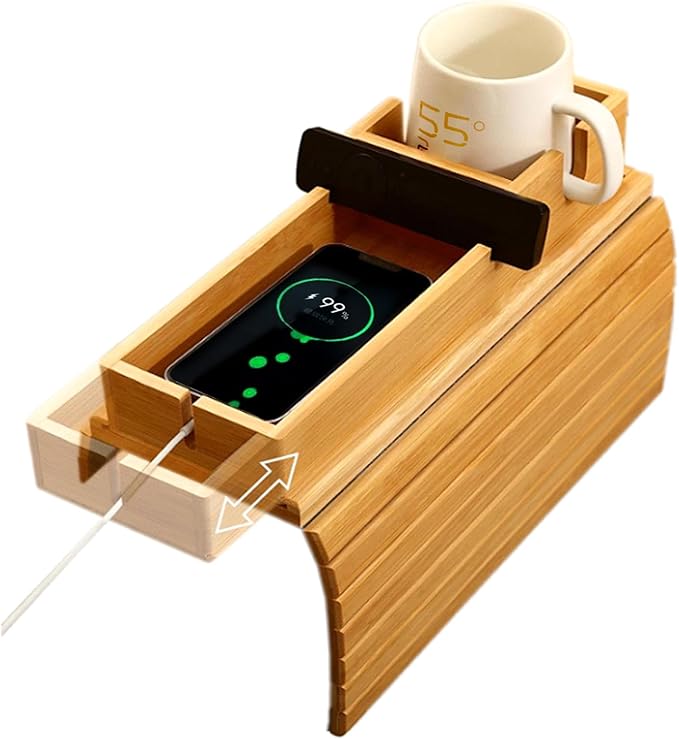 CNQLIS Bamboo Couch Cup Holder - Detachable Sofa Armrest Tray, Anti-Slip Foldable Sofa Table Tray for Drinks, Cellphone, Remote, Snacks, Versatile 2-in-1 Couch Arm Tray Set (Bamboo Colour)