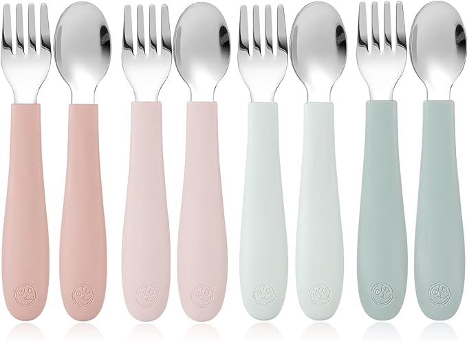 CoixFoam 8 Pieces Toddler Utensils, Toddler Safe Silverware Set With Food Grade Silicone Hanlde, 18/8 Stainless Steel, Perfect Length For New Self Feeders, Dishwasher Safe