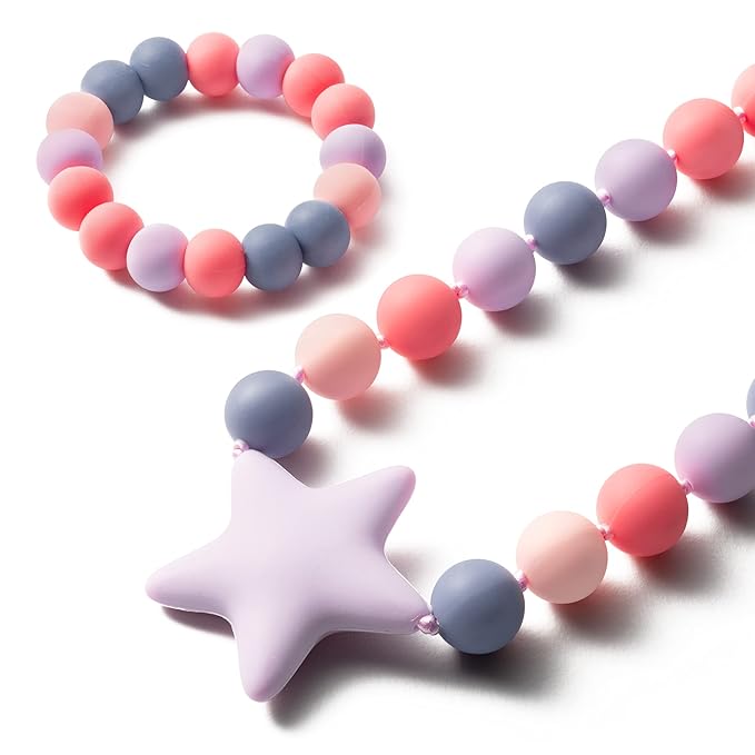 Sensory Necklace Bracelet for Baby - 2Pcs Cute Silicone Teething Jewelry for Kids, Sensory Jewelry Toys Baby Shower Gifts for Kids Infants Baby Boy Girl