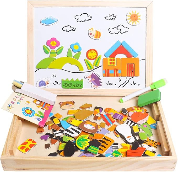 Skrtuan Educational Wooden Toys for Kids Toddlers Magnetic Puzzles Wooden Art Easel Double Side Learning Games Montessori Puzzle STEM Gift for Boys Girls Children