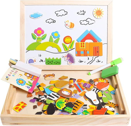Skrtuan Educational Wooden Toys for Kids Toddlers Magnetic Puzzles Wooden Art Easel Double Side Learning Games Montessori Puzzle STEM Gift for Boys Girls Children