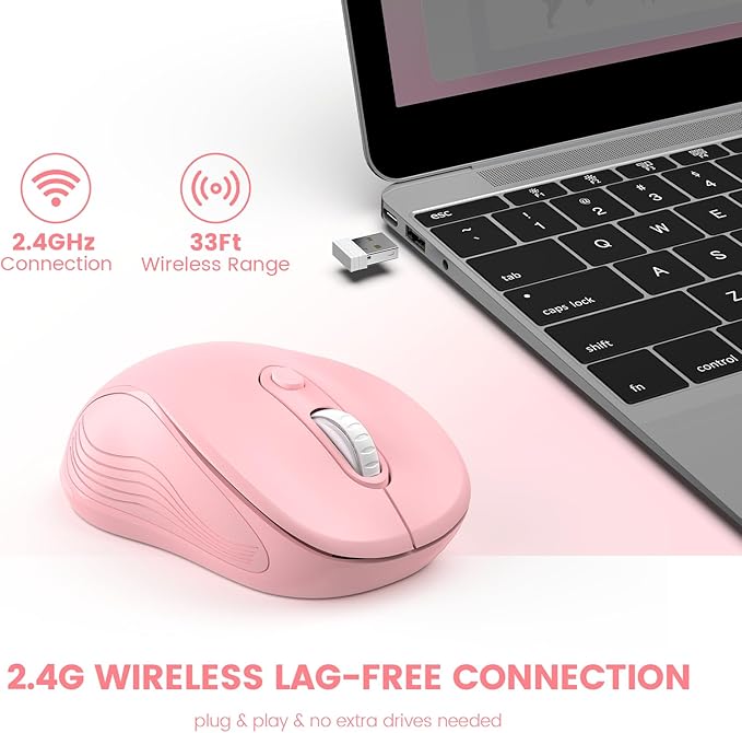 WisFox 2.4G Wireless Mouse for Laptop, Ergonomic Computer Mouse with USB Receiver and Type-C Adapter, 3 Adjustable Levels DPI, 6 Button Cordless Wireless Mice (Blush Pink)