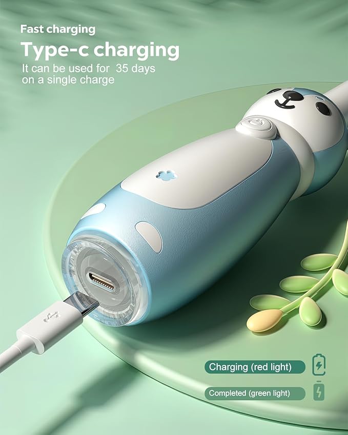 Sonic Rechargeable Kids Electric Toothbrush, 3 Modes with Memory, 35000 Strokes, IPX7 Waterproof,4 Soft Bristles Heads for Boys Girls Ages 3+ 4-7,Blue