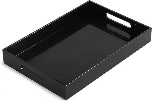 BEYLANG Glossy Black Sturdy Acrylic Serving Tray with Handles-10x15Inch-Serving Coffee,Appetizer,Breakfast,Butler-Kitchen Countertop Tray-Makeup Drawer Organizer-Vanity Table,Ottoman Tray-Decorative