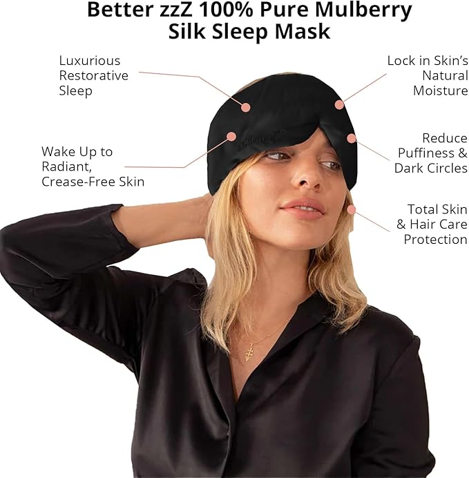 Better zzZ 100% Pure Mulberry Silk Sleep Mask for Women & Men – Adjustable Velcro Strap, Total Blackout, No Pressure Eye Mask for Deep Sleep & Travel Pouch Included - (Black)