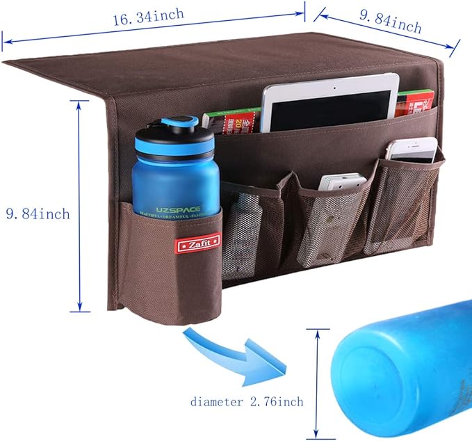 5 Pockets Bedside Caddy, Bedside Storage Organizer for Water Bottles, Magazines, Phone, Glasses (5 Pockets-Coffee)