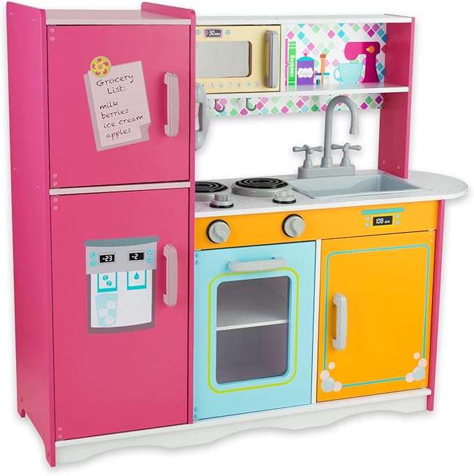 Kitchen Playset for Kids Ages 3-8, Wooden Pretend Play Kitchen for Toddlers, Including Telephone, Ice Maker, Refrigerator, Dimensions: 35” H x 31” W x 12” D (Multicolored)
