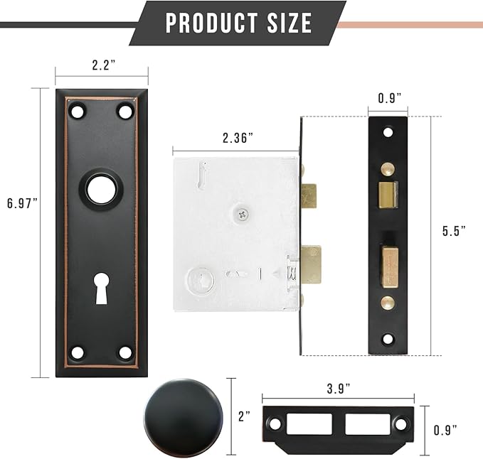 Vintage Door Knob with Lock for Interior Doors Oil Rubbed Bronze, Antique Brass 1 Pack Mortise Lock Set, Old Fashioned Bathroom & Bedroom with Skeleton Key for Old House Doors