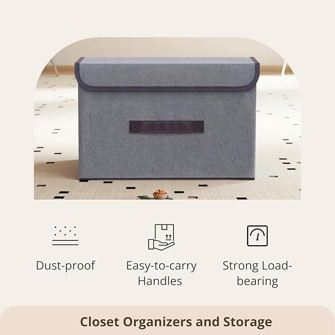 4 PCs Fabric Storage Bins with Lids, Foldable Closet Organizers and Storage, Clothes Storage, Clothes Organizer, Gray, Stackable Storage Bins with Handles for Home, Office, Bedroom, Dorm