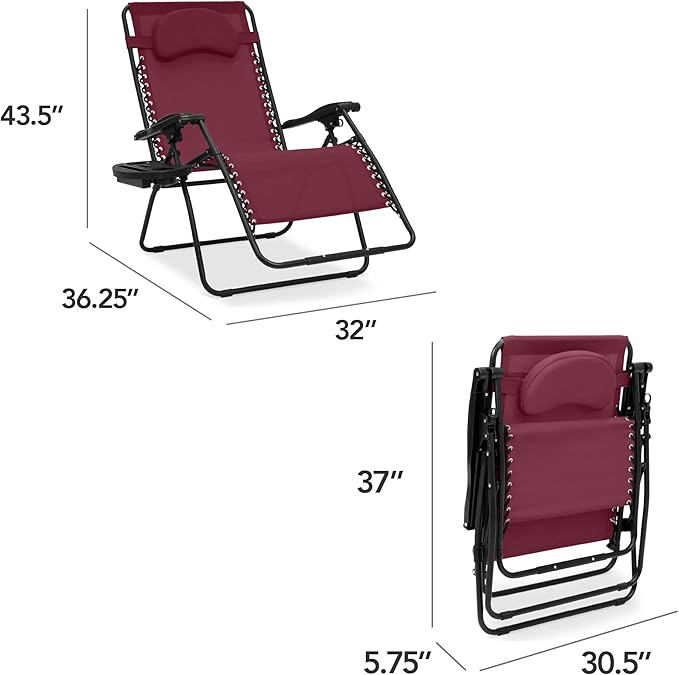 Best Choice Products Oversized Zero Gravity Chair, Folding Outdoor Patio Lounge Recliner w/Cup Holder Accessory Tray, Pillow - Burgundy