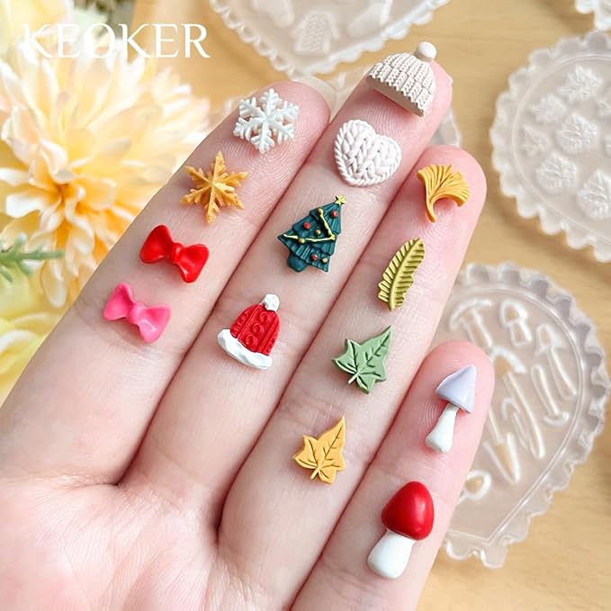 KEOKER Christmas and Fall Polymer Clay Molds, Polymer Clay Silicone Molds, Polymer Clay Mini Molds, 8pcs Earring Molds for Polymer Clay, Polymer Clay Molds for Jewelry(Substitute Micro Clay Cutters)