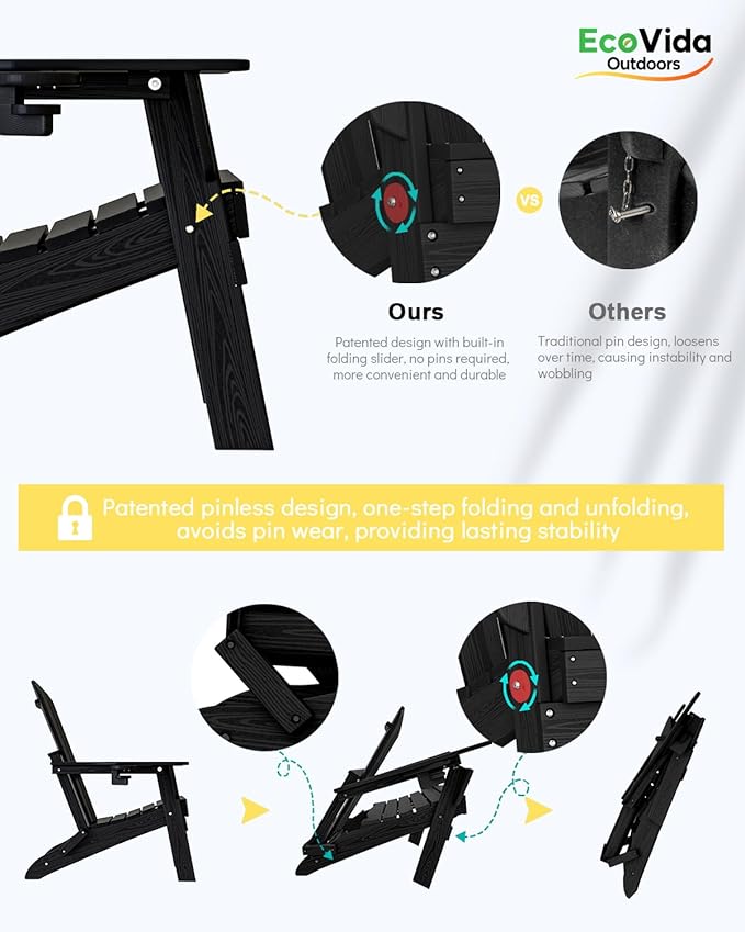 Upgraded Folding Adirondack Chair with All-Weather Cup Holder-EcoVida, Premium Wood Grain Texture, HDPE Waterproof, Suitable for Fire Pit, Patio, Porch, Black