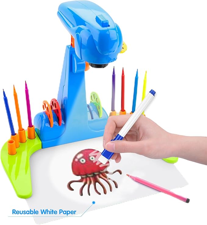 Enjoy Myself Kids Projection Drawing Toy,Smart Kids Projection Drawing Sketcher with 32 Cartoon Patters,Adjustable Art Sketcher Projector with 12-Color Watercolor Pens,8-Color Erasable Pens,Blue
