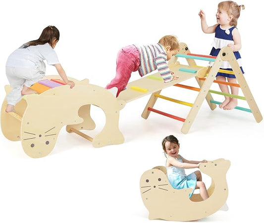 Costzon Climbing Toys for Toddlers, Foldable Montessori Wooden Arch Climber Ladder with Sliding Ramp, Play Table, Multi-Combination Methods, Kids Triangle Climber Play Gym Set for Boys Girls Present