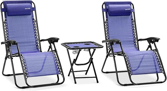 SereneLife Outdoor Zero Gravity Lounge Chair Set with Table – 2 Adjustable Recliners with Cup Holders, Headrest, Steel Frame & Foldable Design for Patio, Pool, Garden, or Camping