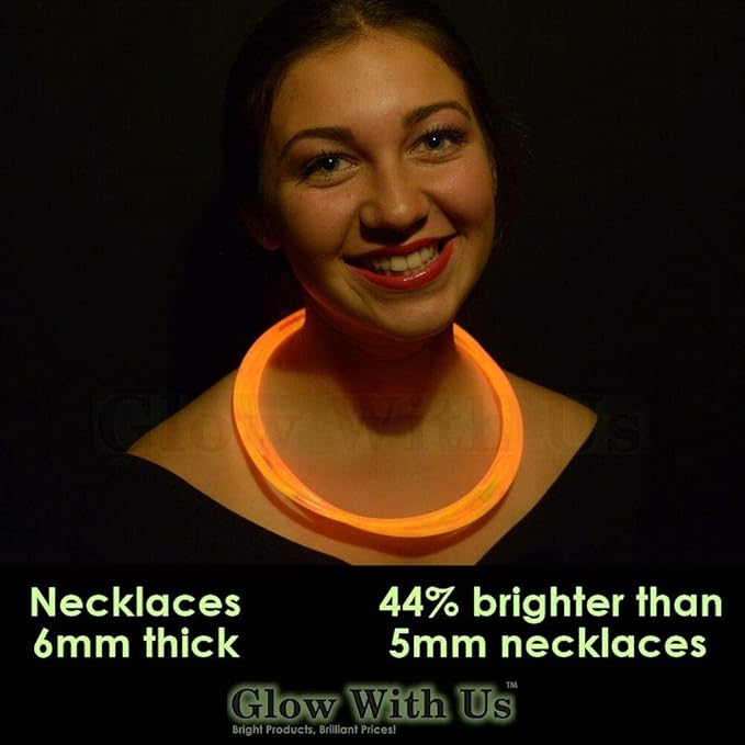 Glow Sticks Bulk Wholesale Necklaces, 100 22” Orange Glow Stick Necklaces. Bright Color, Glow 8-12 Hrs, Connector Pre-Attached, Sturdy Packaging, GlowWithUs Brand