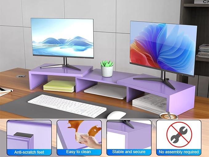 OUTIOE Dual Monitor Stand for Desk, Metal Monitor Riser, Purple Office Supplies Desk Accessories (Purple)