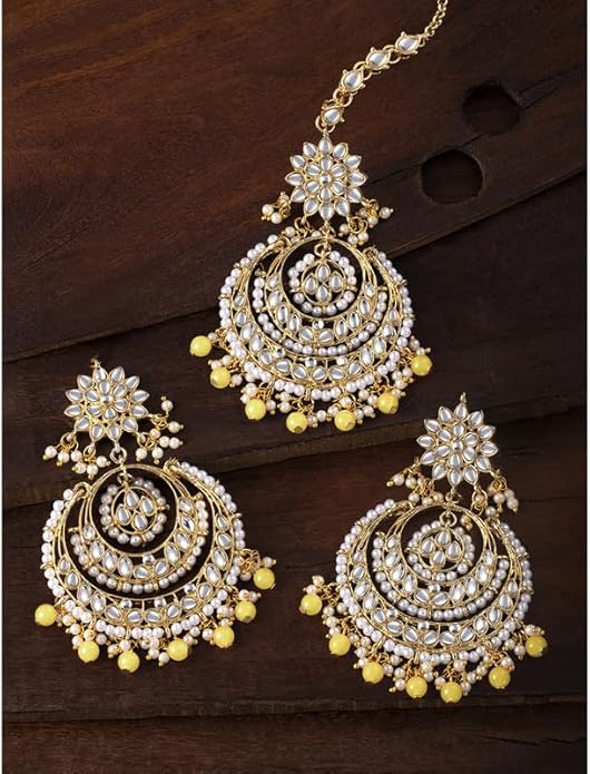 Aheli Bollywood Ethnic Chandbali Style Big Earrings Maang Tikka Set Traditional Fashion Jewelry Gift for Women