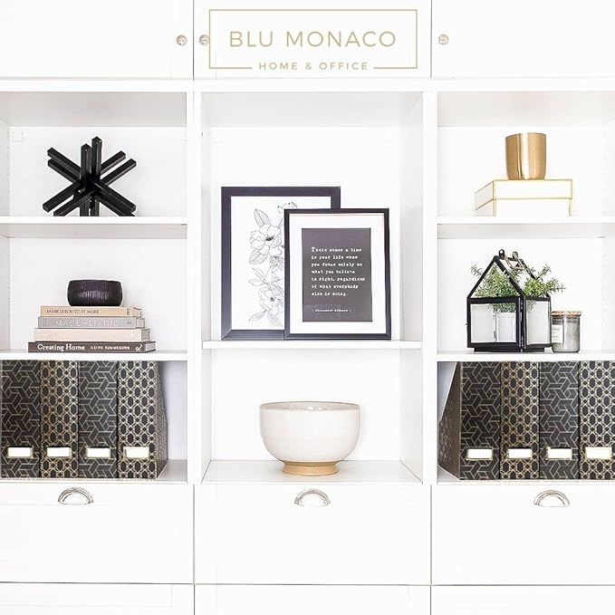 BLU MONACO | Set of 4 Black & Gold Geometric Magazine File Holders with Gold Label Holders | Stylish Vertical File Organizer Boxes for Desk, Bookshelf & Office Storage